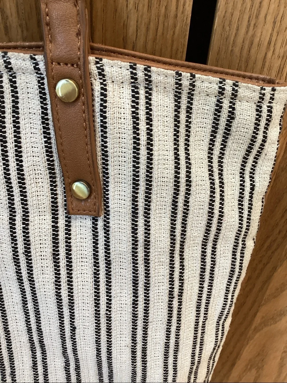“Grateful” blue and white striped tote bag with tan straps